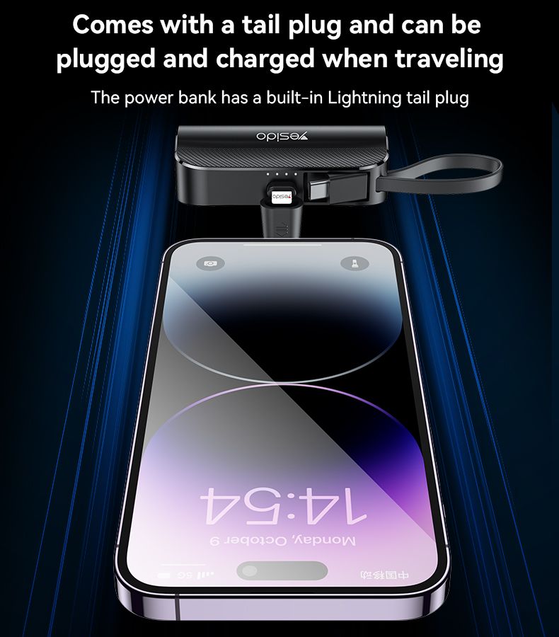 Yesido Super Mini 5000mAh Power Bank with Built-in Lightning & Type-C Plug – Fast Charging Portable Charger