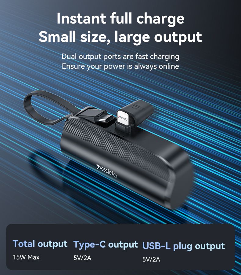 Yesido Super Mini 5000mAh Power Bank with Built-in Lightning & Type-C Plug – Fast Charging Portable Charger