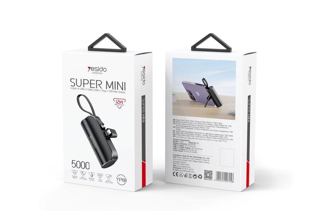 Yesido Super Mini 5000mAh Power Bank with Built-in Lightning & Type-C Plug – Fast Charging Portable Charger